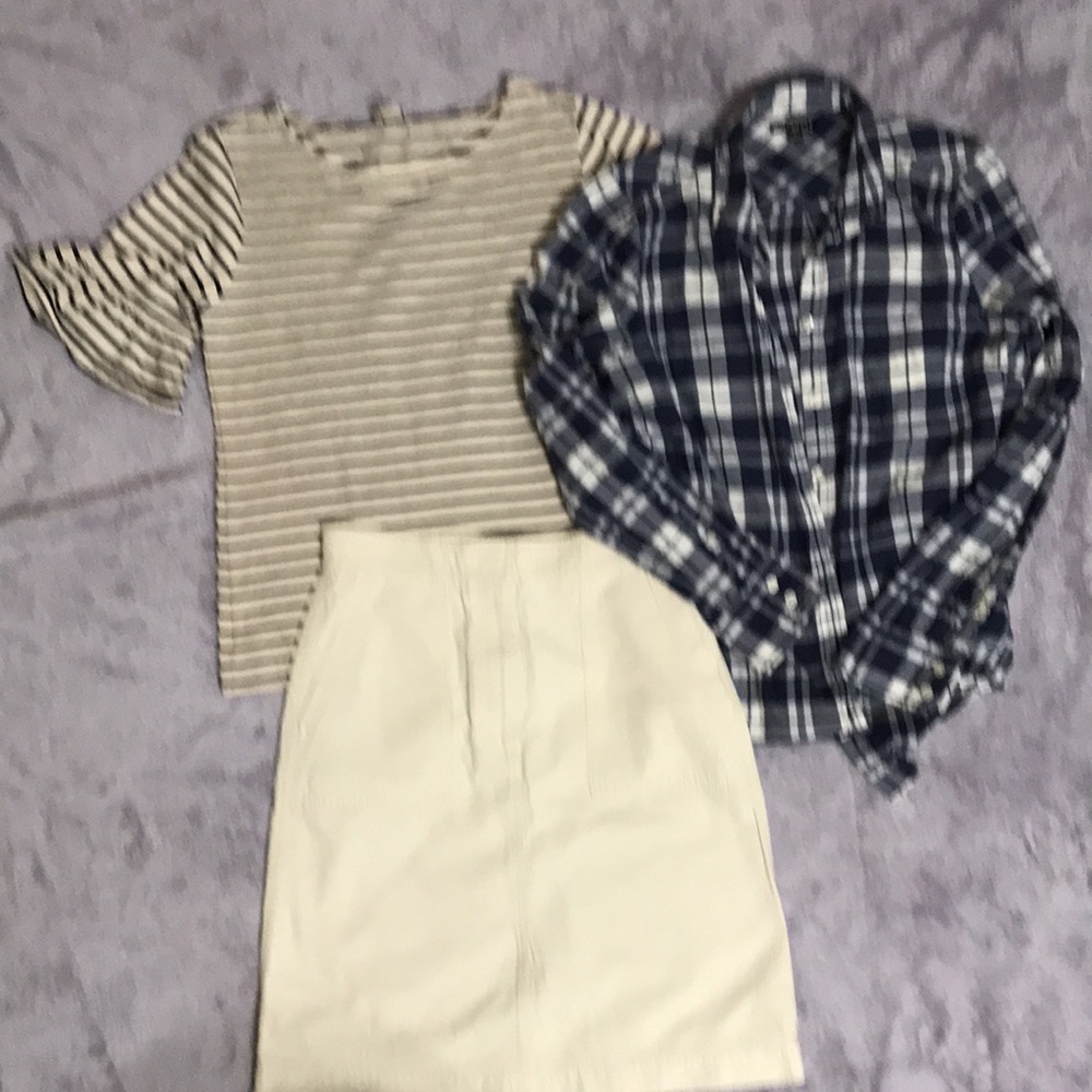 J Crew off white skirt size 0, stripe ruffle sleeve top, S & Flannel shirt, M